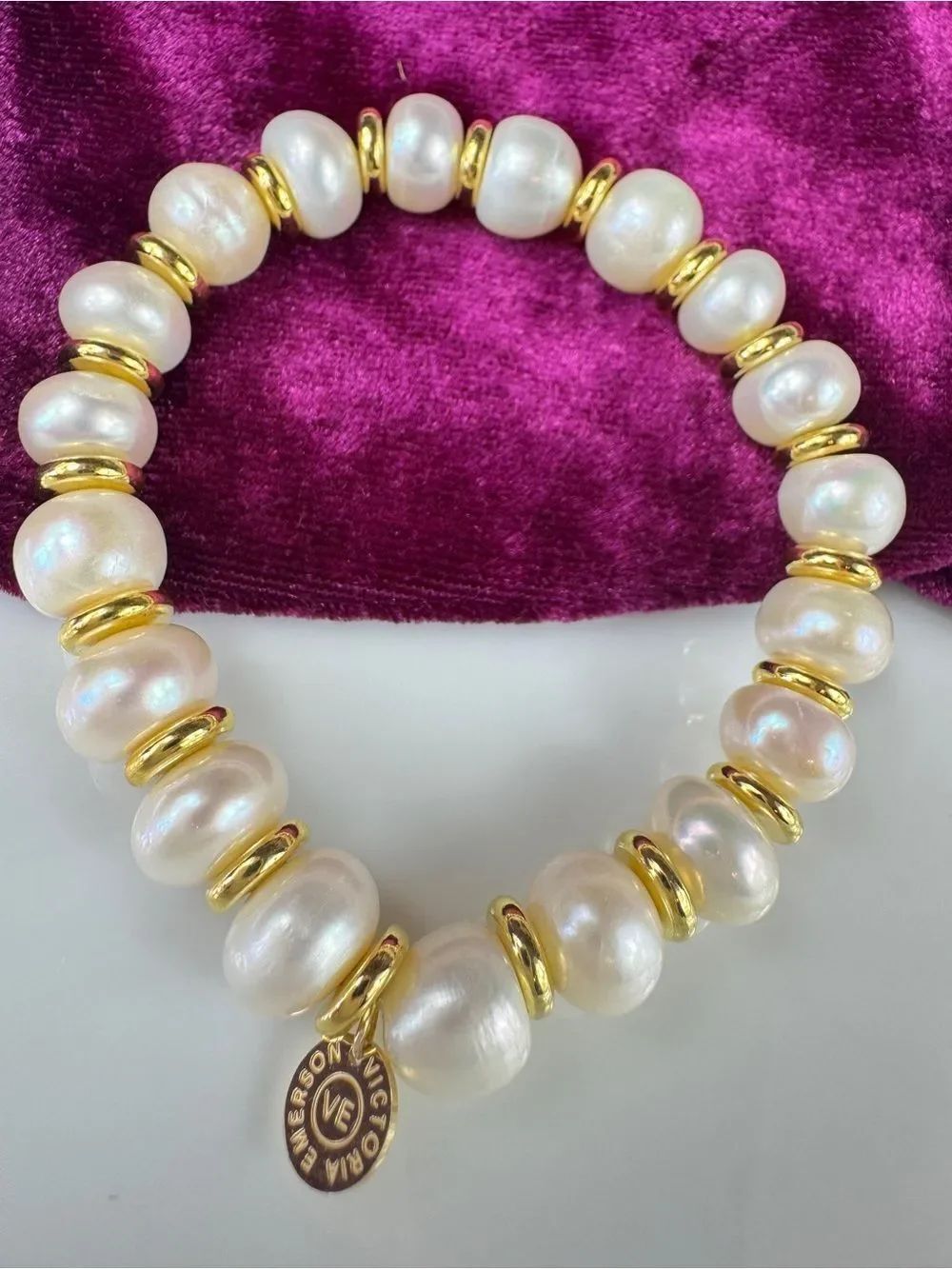 Victoria Emerson White Fresh Water Pearls & Gold Spacer Stretch Bracelet